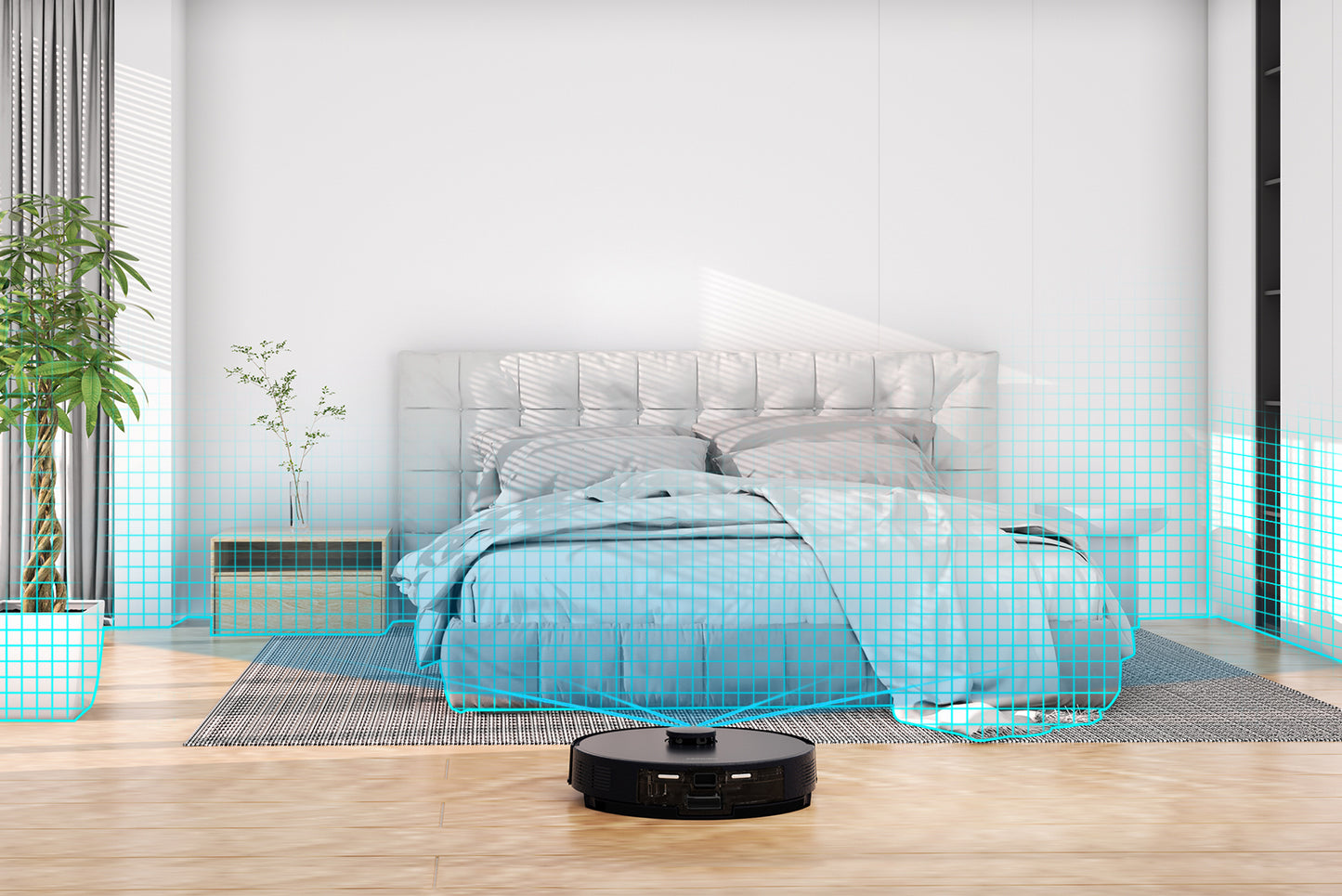 AIRROBO robot vacuum cleaner mapping bedroom floor with blue laser sensors in modern minimalist interior setting