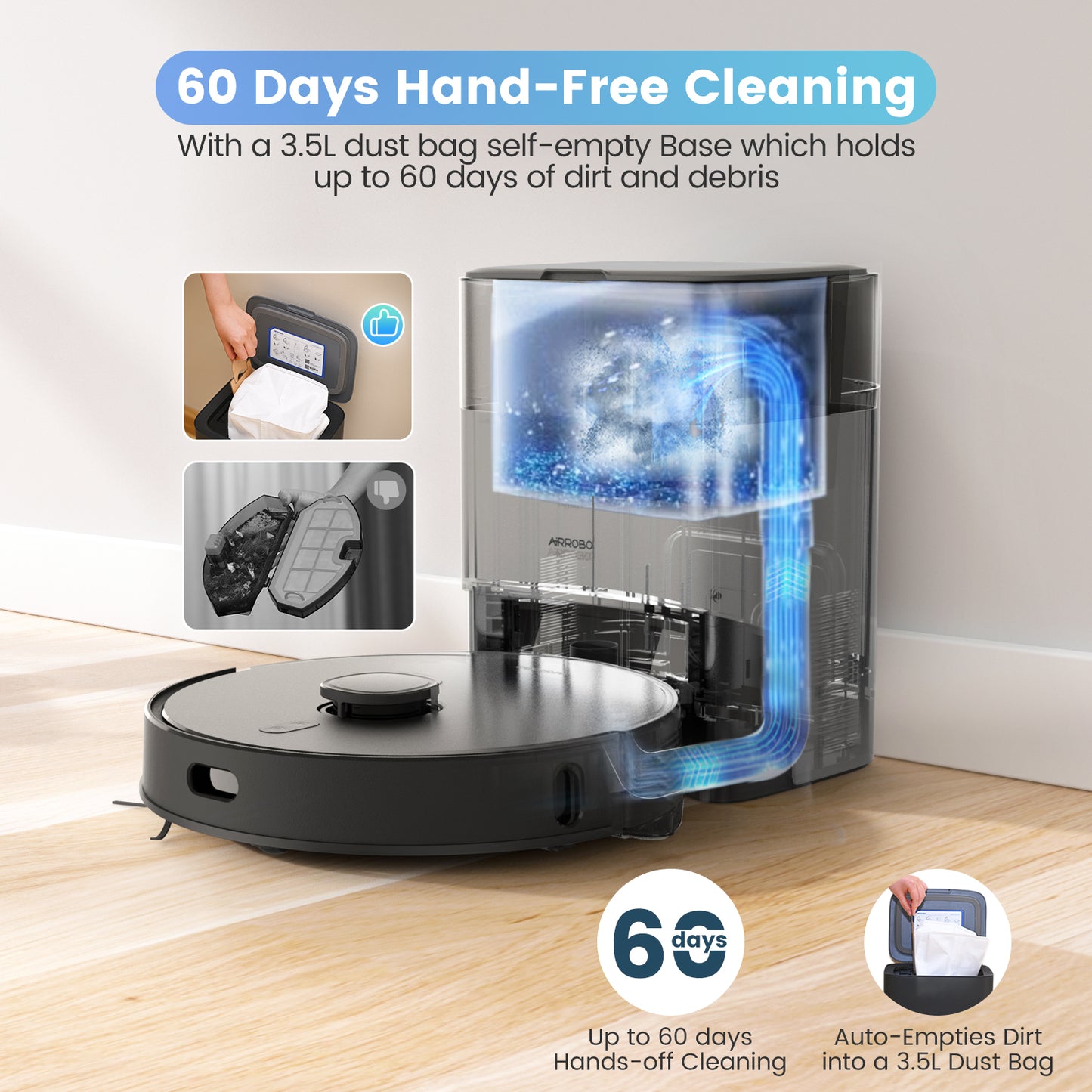 AIRROBO robot vacuum with self-emptying base station featuring 60-day hands-free cleaning and 3.5L dust collection capacity