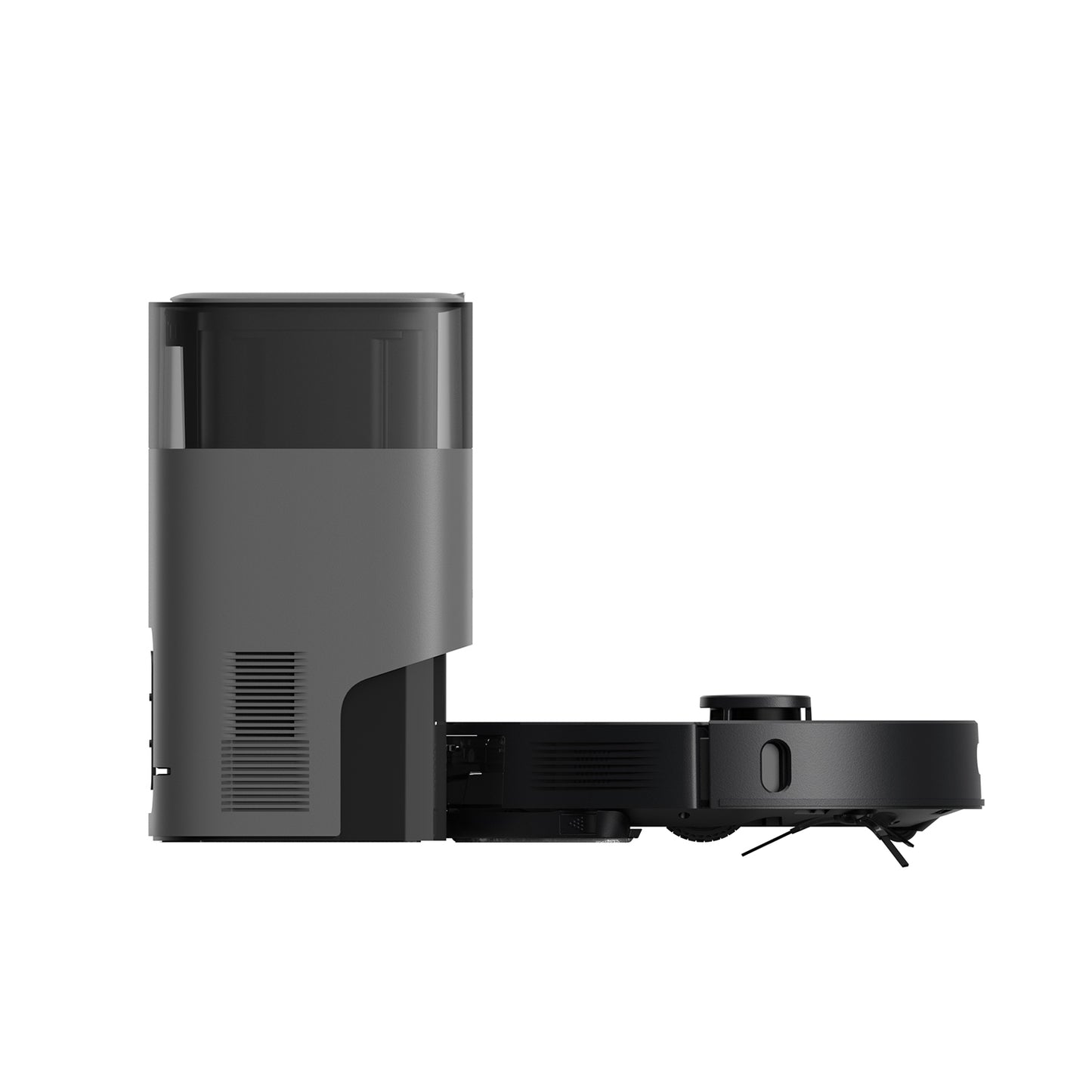 AIRROBO robot vacuum cleaner side view showing sleek charging dock and compact automated cleaning device in dark gray finish