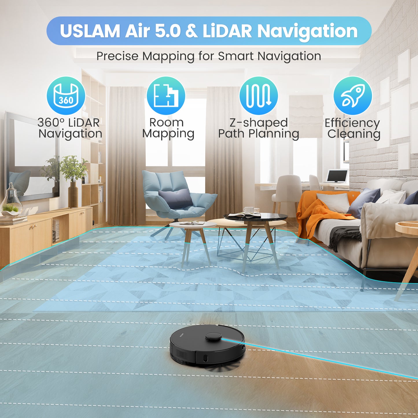 AIRROBO robot vacuum cleaner with LiDAR navigation shown mapping a modern living room with Z-shaped cleaning pattern