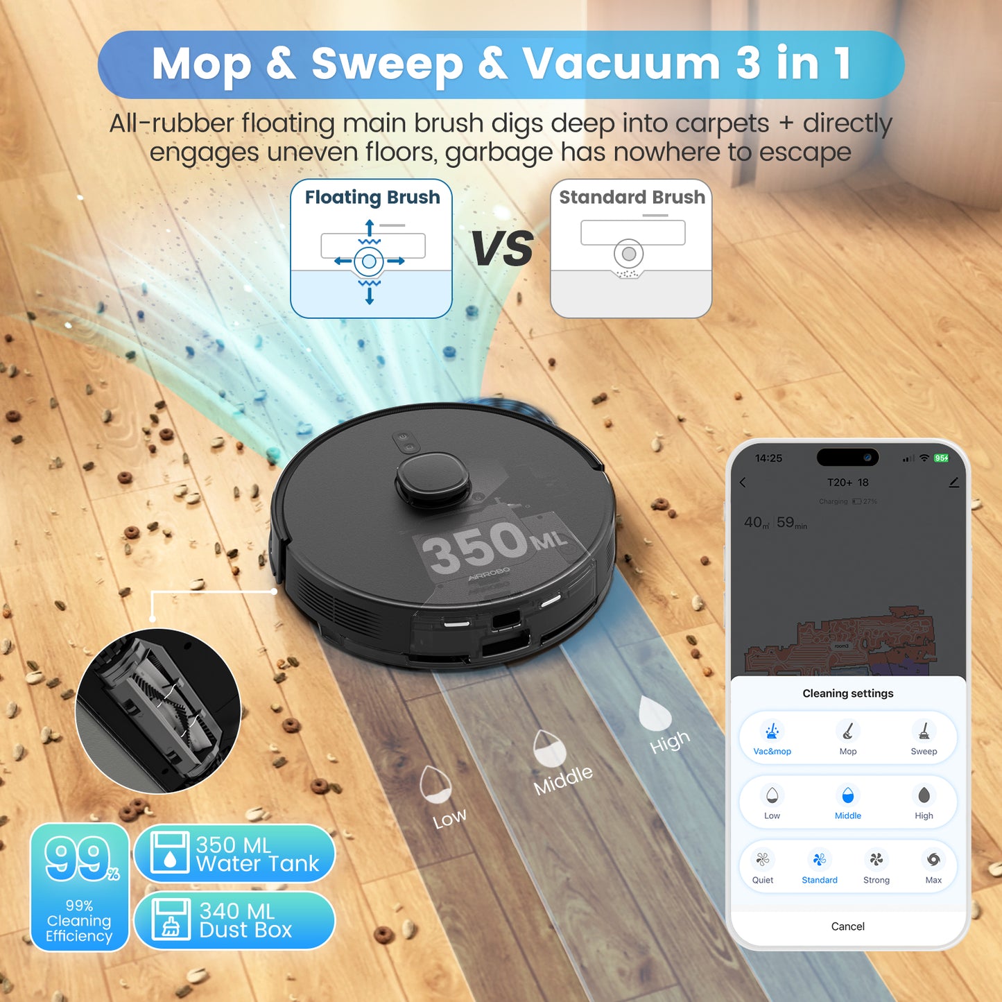 AIRROBO Robot Vacuum cleaner with 3-in-1 mop, sweep and vacuum function on hardwood floor, with smartphone app control