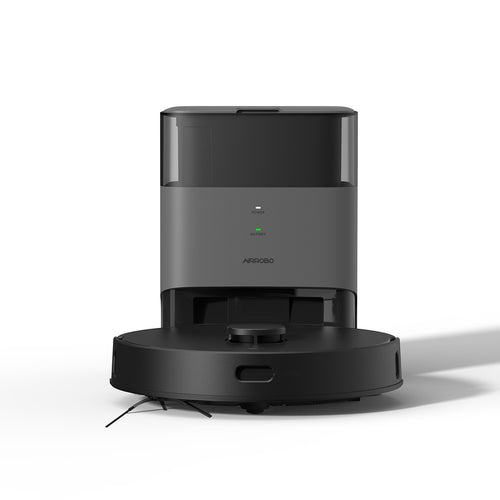 AIRROBO robot vacuum cleaner with self-emptying base station in sleek dark gray design