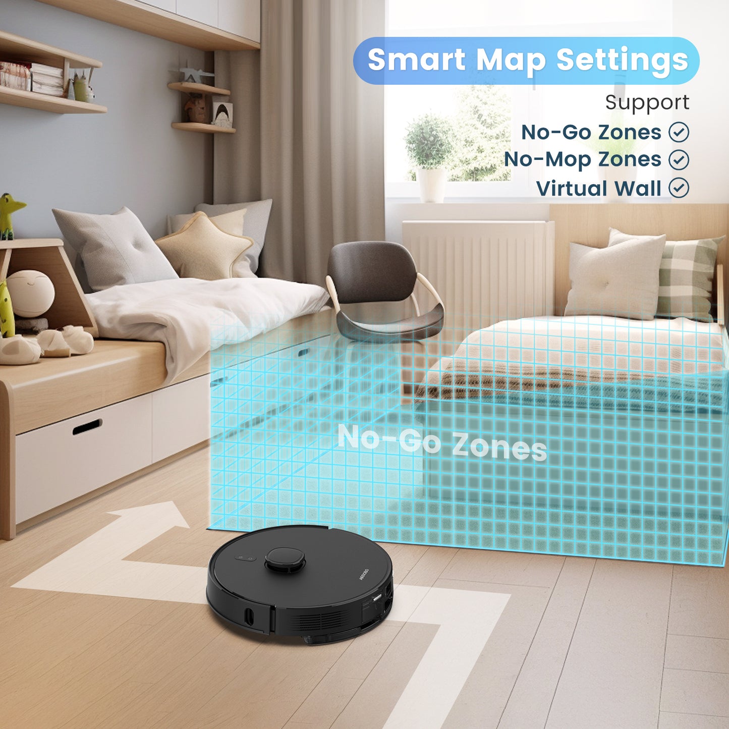 AIRROBO robot vacuum cleaner displaying smart mapping features with no-go zones in modern bedroom setting