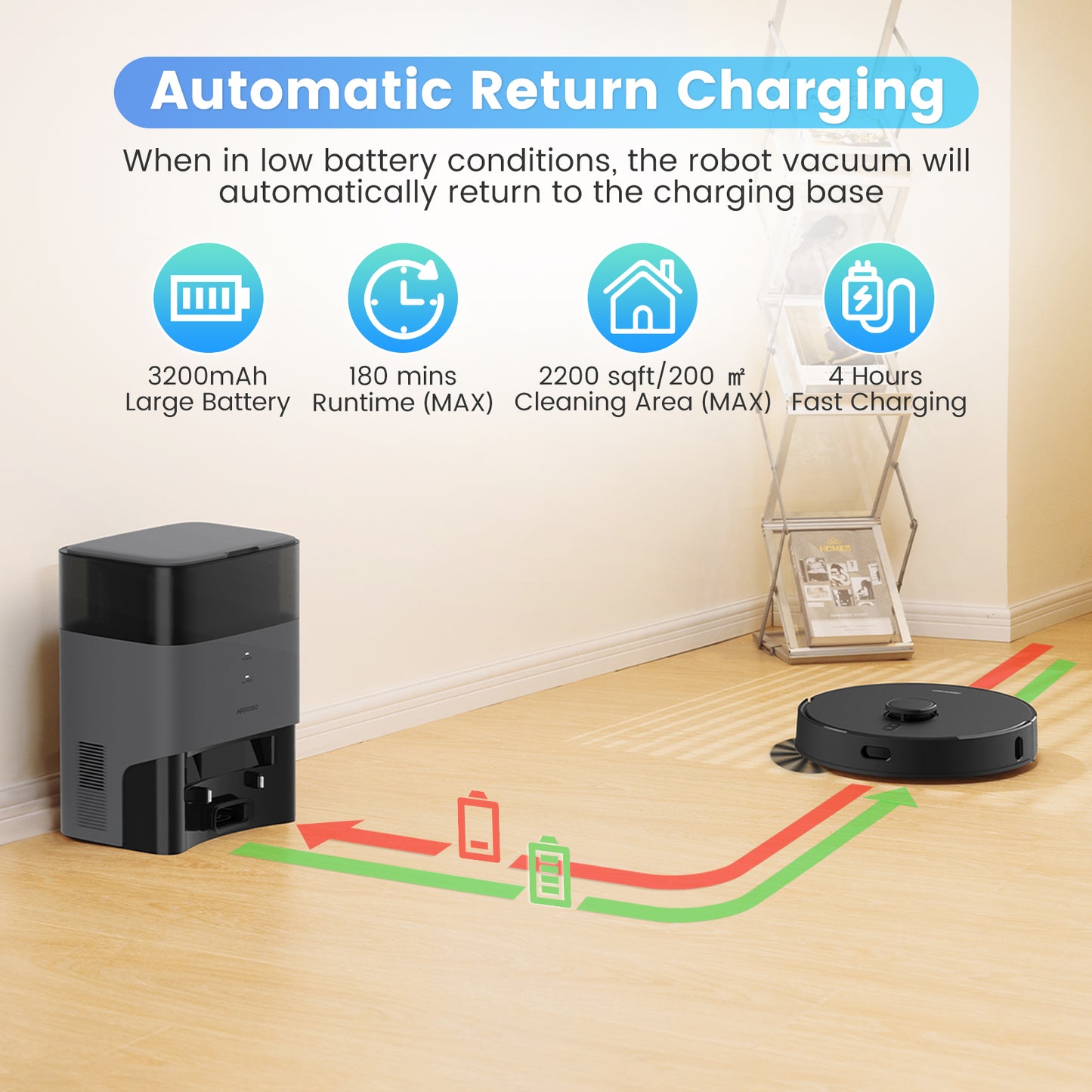 Robot aspirador AIRROBO on a wood floor, featuring a black circular design with a visible button, showcased in a room setting.