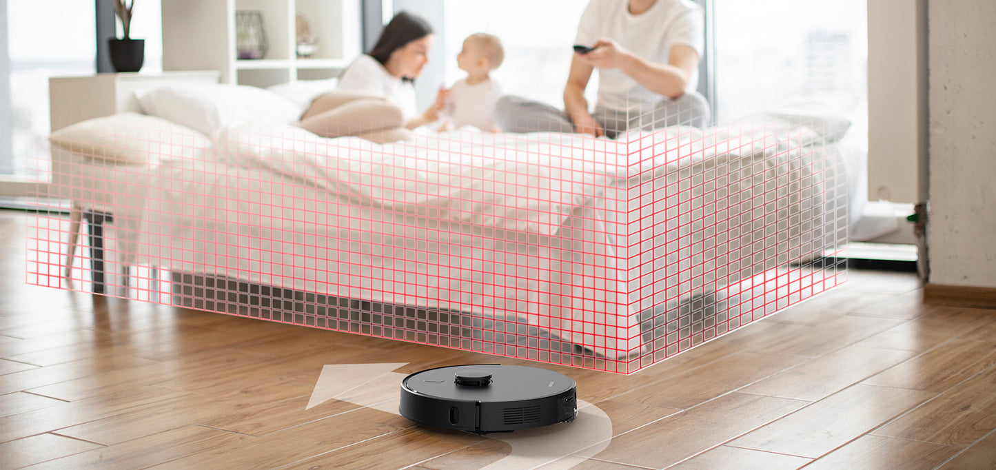 AIRROBO robot vacuum cleaner gliding on hardwood floor under bed, demonstrating smart obstacle detection system