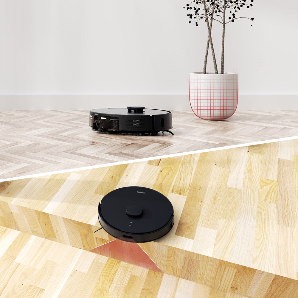 AIRROBO robot vacuum cleaner shown on wooden and herringbone floors with decorative potted plant in minimalist setting