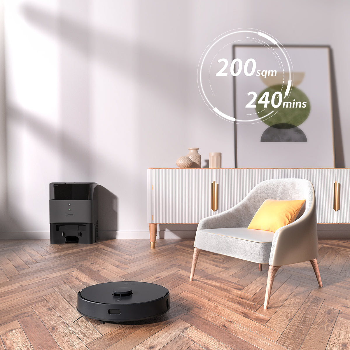 AIRROBO robot vacuum cleaner with charging station on hardwood floor next to modern gray armchair in minimalist room setting