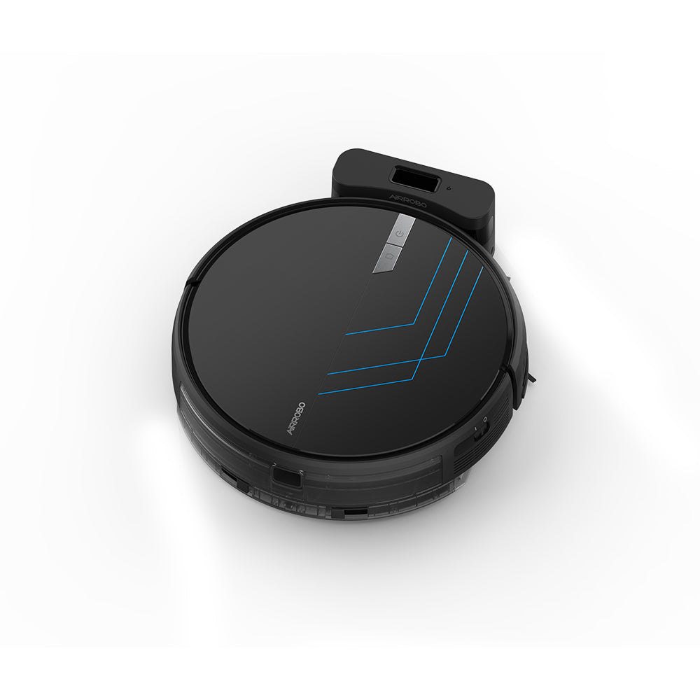 ROBOT SLIM ASPIRADOR AIROBO, showcasing its sleek, black circular design with distinctive blue lines, highlighting its advanced technology and compact form.