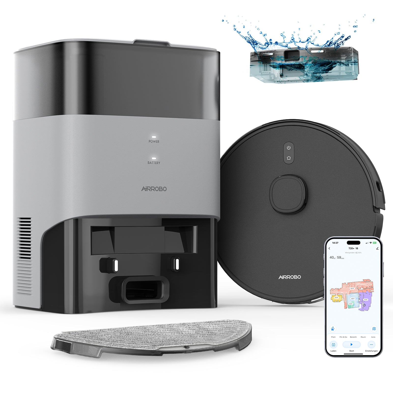 Robot aspirador AIRROBO alongside a smartphone displaying its app interface, showcasing its smart home automation capabilities and sleek, modern design.