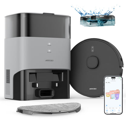 Robot aspirador AIRROBO alongside a smartphone displaying its app interface, showcasing its smart home automation capabilities and sleek, modern design.