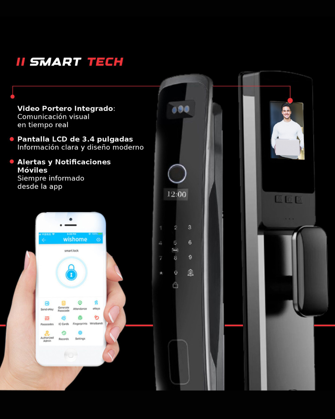 Cerradura Biometrica SM-19 smart lock with touchscreen display, integrated video doorbell and mobile app control features