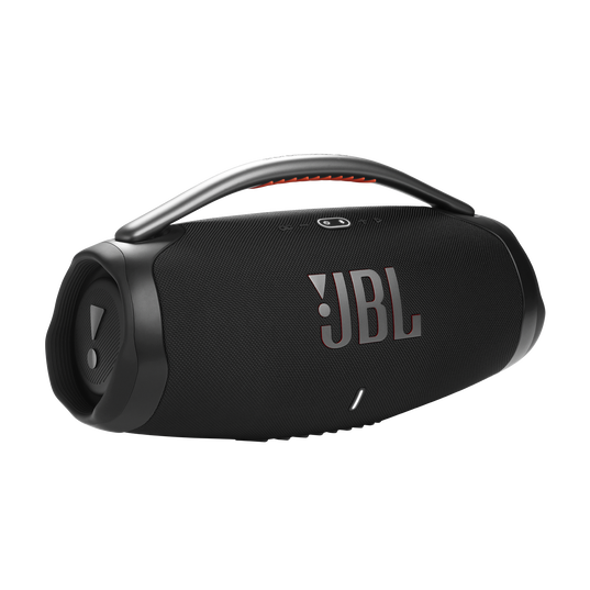 JBL Boombox 3 portable speaker in black with metal handle and waterproof fabric design