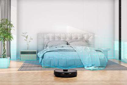 AIRROBO robot vacuum cleaner mapping bedroom floor with blue laser sensors in modern minimalist interior setting
