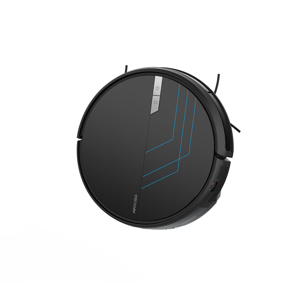 ROBOT SLIM ASPIRADOR AIROBO featuring a sleek black circular design with distinctive blue lines, highlighting its modern aesthetic and innovative power button.
