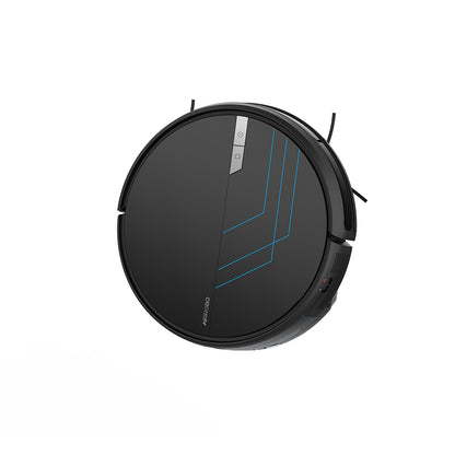 ROBOT SLIM ASPIRADOR AIROBO featuring a sleek black circular design with distinctive blue lines, highlighting its modern aesthetic and innovative power button.
