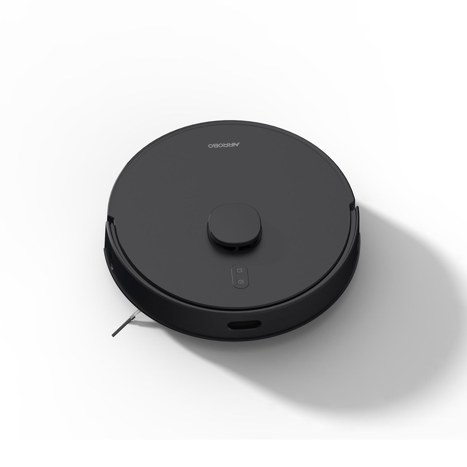 AIRROBO robot vacuum cleaner in matte black finish with circular design and sleek sensor module on white background