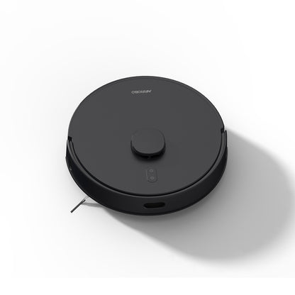 AIRROBO robot vacuum cleaner in matte black finish with circular design and sleek sensor module on white background