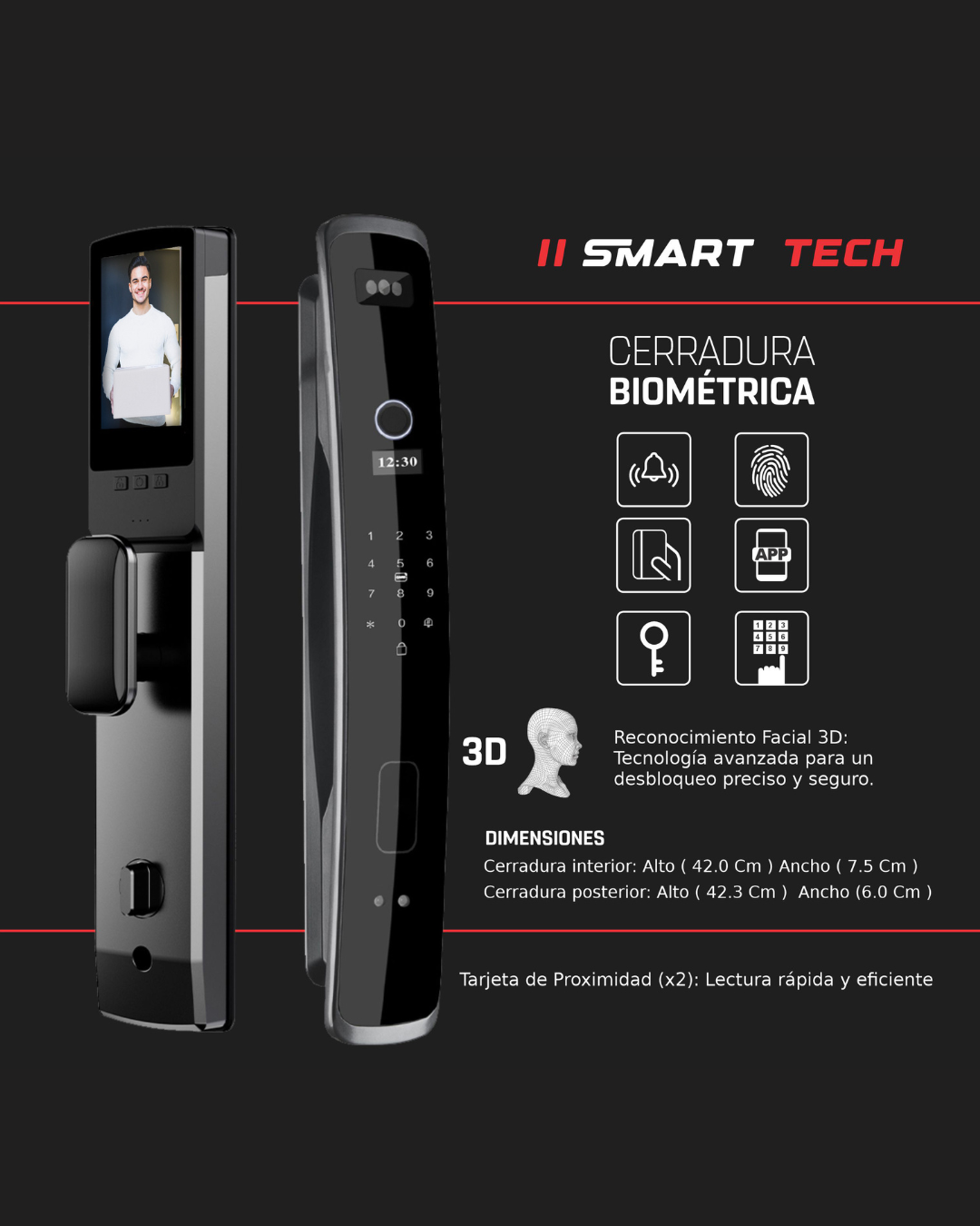 Smart Tech SM-19 biometric lock with facial recognition, touchpad and multiple access methods shown in sleek black design