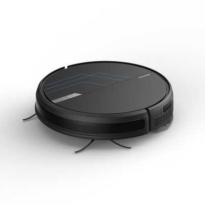 ROBOT SLIM ASIPIRADOR AIROBO, a sleek black circular device with blue lines, featuring advanced cleaning technology, shown on a smooth surface.
