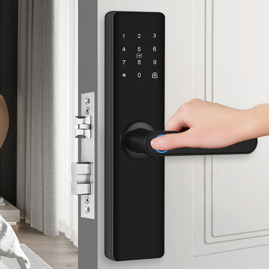 Smart lock SM-07 with black digital keypad and fingerprint scanner mounted on white door, showing hand using biometric access