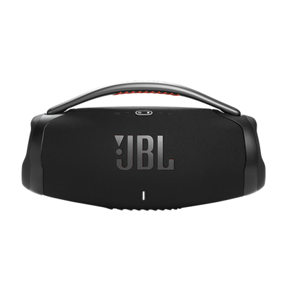 JBL Boombox 3 portable speaker in black with metal handle and rugged waterproof design