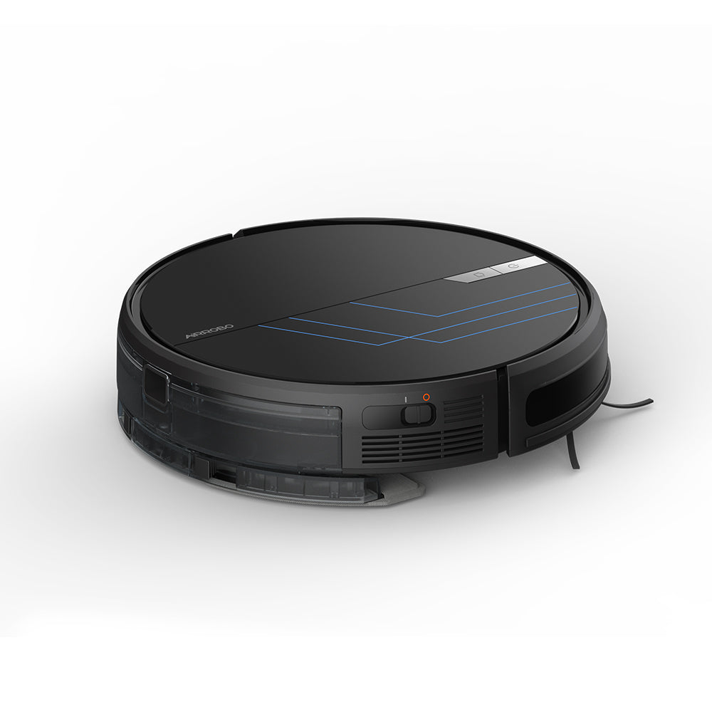 ROBOT SLIM ASIPIRADOR AIROBO, a sleek black robot vacuum cleaner featuring distinctive blue lines, designed for efficient automated cleaning.