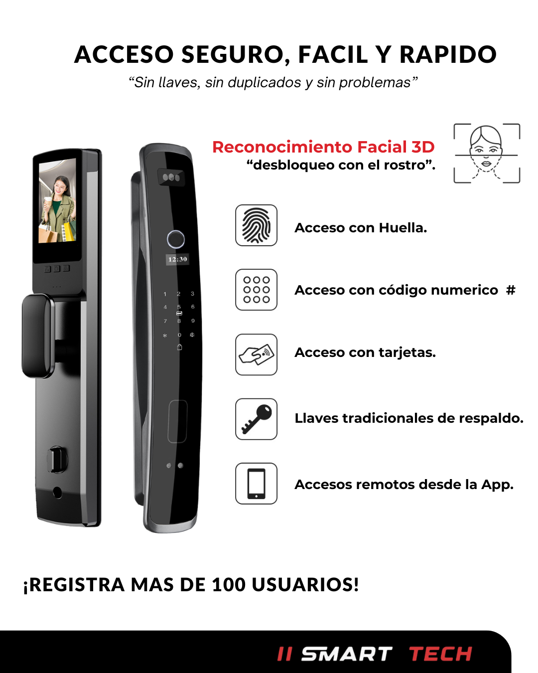 Cerradura Biometrica SM-19 smart lock showing multiple access methods including fingerprint, facial recognition and keypad entry