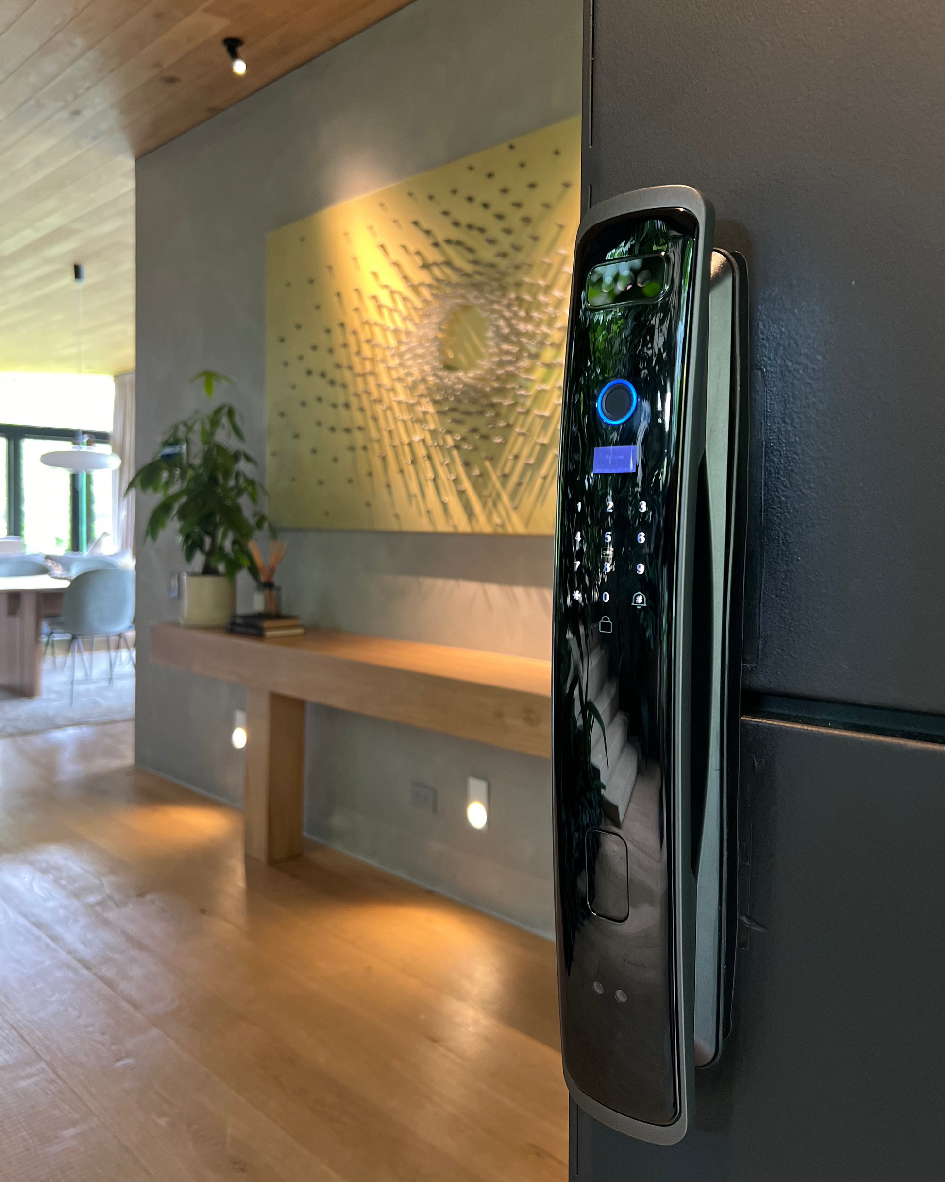 Cerradura Biométrica SM-19 on a wall, featuring a screen and buttons, designed for secure access with Smart Tech and rechargeable lithium battery.