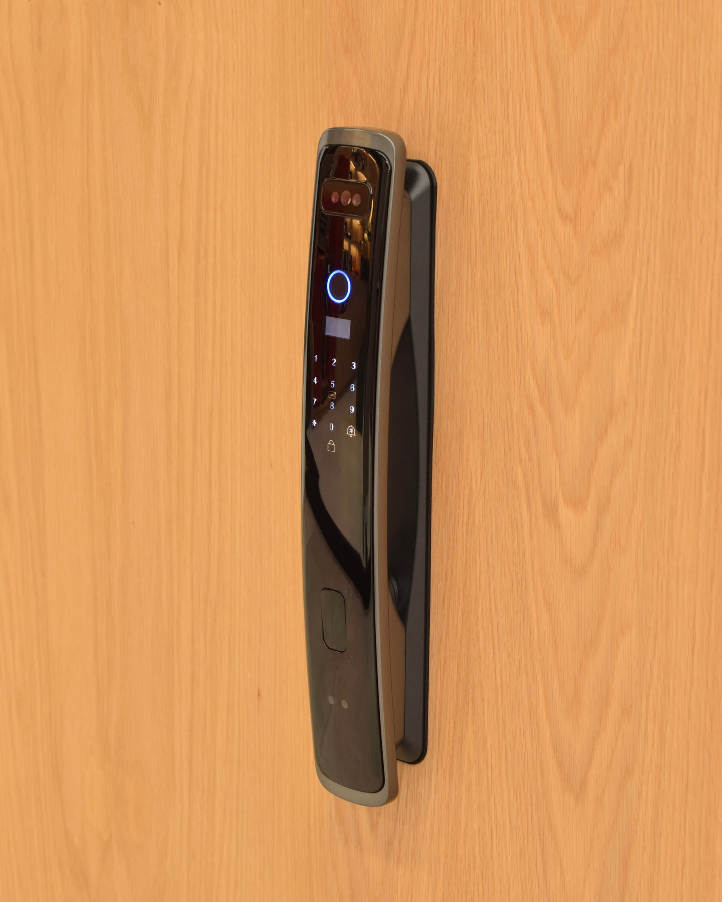 Cerradura Biometrica SM-19 smart lock with digital keypad and biometric scanner mounted on wooden door