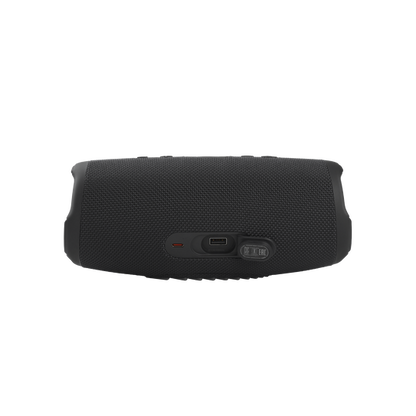 JBL Charge 5 portable bluetooth speaker in black with textured mesh finish and control buttons on top surface