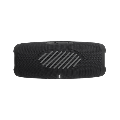JBL Charge 5 portable wireless speaker in black with diagonal striped pattern on mesh fabric exterior