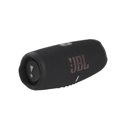 JBL Charge 5 portable wireless speaker in black with textured mesh grille and passive radiators