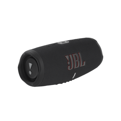 JBL Charge 5 portable wireless speaker in black with textured mesh grille and passive radiators