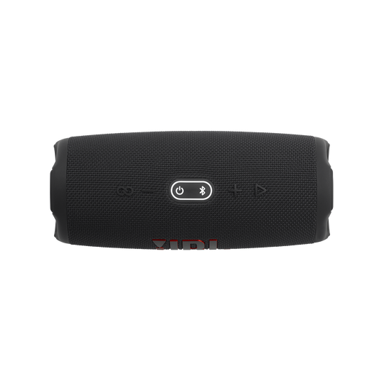 JBL Charge 5 portable wireless speaker in black with mesh grille and control buttons shown from front view