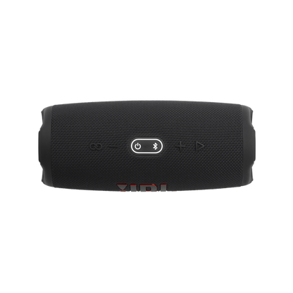JBL Charge 5 portable wireless speaker in black with mesh grille and control buttons shown from front view