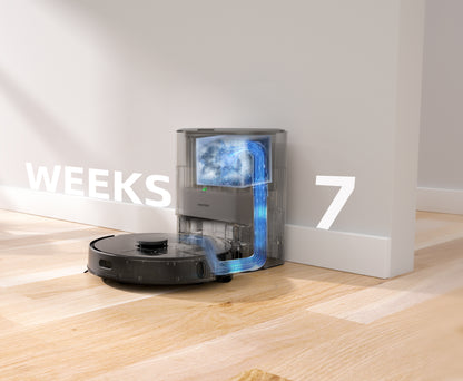 AIRROBO robot vacuum cleaner with self-emptying base station on hardwood floor displaying 7 weeks maintenance interval